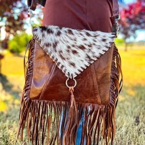 Boho Chic Brown and White Crossbody Bag with Fringe